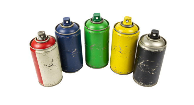 A collection of five spray paint cans in vibrant colors, showcasing wear and tear, set against a neutral background - Powered by Adobe