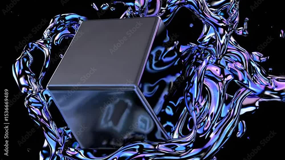 Poster metallic, iridescent liquid splashing around a cube, creating a futuristic and abstract background w