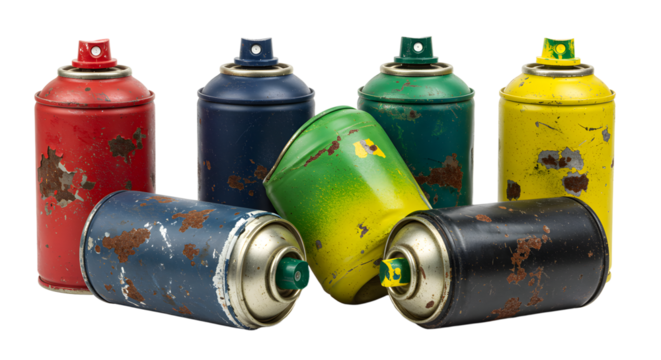 A collection of vintage spray paint cans in various colors, showcasing rust and wear, set against a neutral background - Powered by Adobe