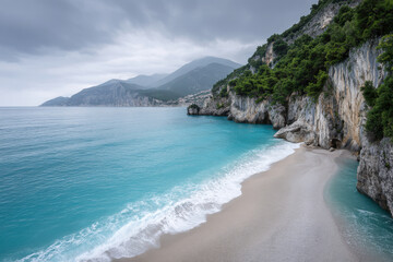Fototapeta premium coastal cliff in albania under overcast sky featuring natural symmetry