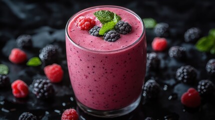 A vibrant berry smoothie, garnished with fresh mint leaves.