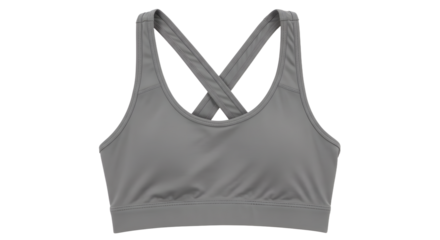 A stylish gray sports bra with a crisscross back design, set against a clean white background for fitness apparel showcase