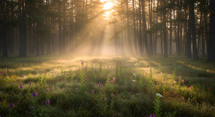 Morning sun rays illuminate a misty autumn forest path