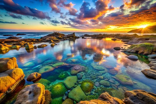 colorful coastal tide pools with clear water and vibrant rocky shore