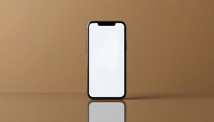 smartphone mockup on brown backdrop with reflection, clean ui presentation visual, direct front shot