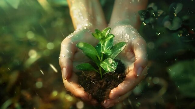 Cupped hands protectively holding small green plant seedling with soil during gentle rainfall in natural garden environment