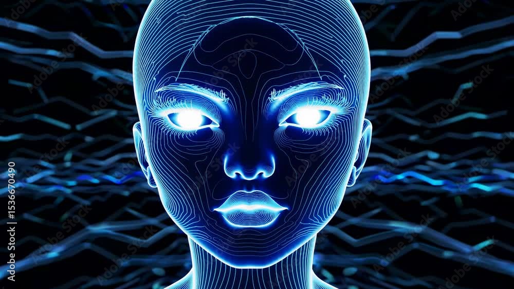 Poster wireframe face with glowing eyes appearing from a flowing stream of digital data, representing the e