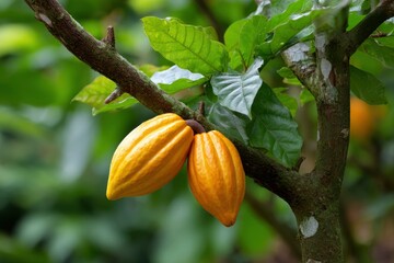 Two yellow cacao pods hang from a branch surrounded by green leaves and blurred foliage