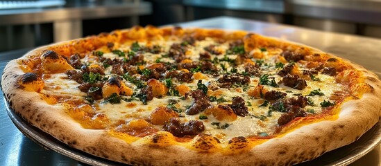 A delicious, artisanal pizza with savory sausage, creamy gnocchi, and fresh herbs.