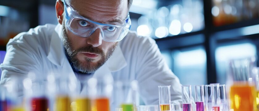 A close-up of a laboratory chemist in a white lab coat and safety glasses, mixing chemicals in test tubes with vibrant liquids and scientific equipment in a sterile lab, Chemical analysis lab scene