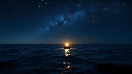 A glowing buoy floats in a dark ocean beneath a starlit night sky, creating a mysterious and peaceful maritime scene. Ideal for concepts of solitude, navigation, and night seascapes