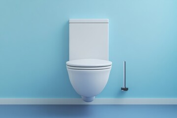 Minimalist modern toilet with blue wall background and chrome toilet brush