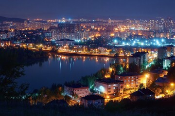 Fototapeta premium Futuristic cyberpunk cityscape at night with neon lights reflecting on river