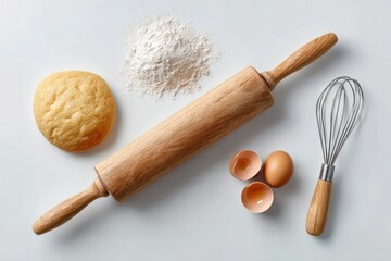 Rolling pin and baking tools in top-down view on white