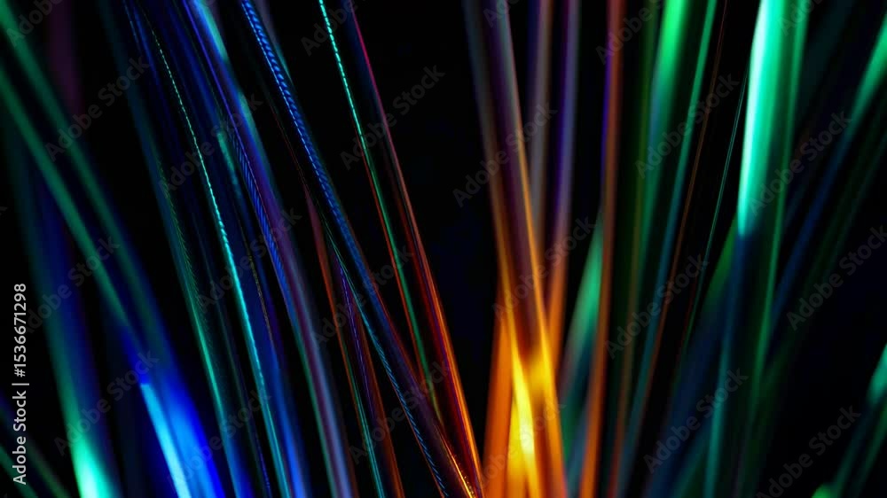 Poster fiber optic cables transmitting data as colorful pulses of light against a dark background, illustra