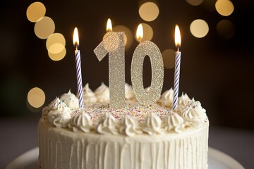 10th birthday cake with white frosting, glitter number topper, and lit candles against a warm bokeh background