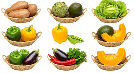 A vibrant display of fresh vegetables in woven baskets, showcasing a variety of colors and textures, ideal for healthy cooking (1)
