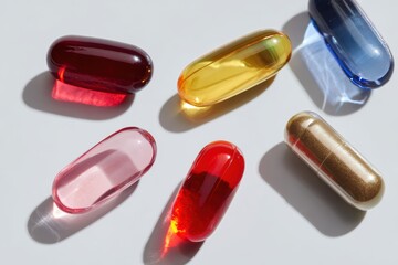 Colorful capsules and medicine bottles on white surface