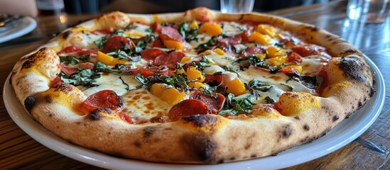 A gourmet pizza with roasted peppers, fresh basil, and pepperoni.