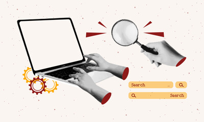 Halftone collage with laptop, hands typing, magnifying glass. Retro digital search concept with dotted textures and minimal tech elements on abstract background.