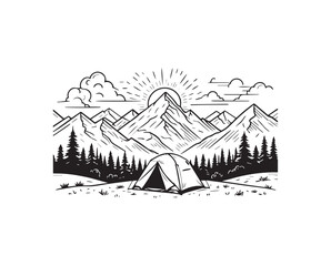 Mountain camping silhouette landscape illustration