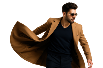 Stylish man wearing brown coat and sunglasses isolated on white background