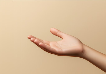 Close-up of a woman's hand extended in a gesture of offering, palm up, against a beige background with ample copy space. Realistic, high-resolution photo—ideal for product presentation or ads.
