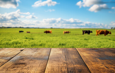 Wooden tabletop with cows grazing on lush grass under a blue sky. Bright, vivid countryside scene—ideal for packaging or ads promoting fresh, farm-to-table milk products