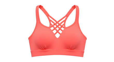 Bright coral sports bra with unique crisscross design, ideal for activewear, set against a clean white background