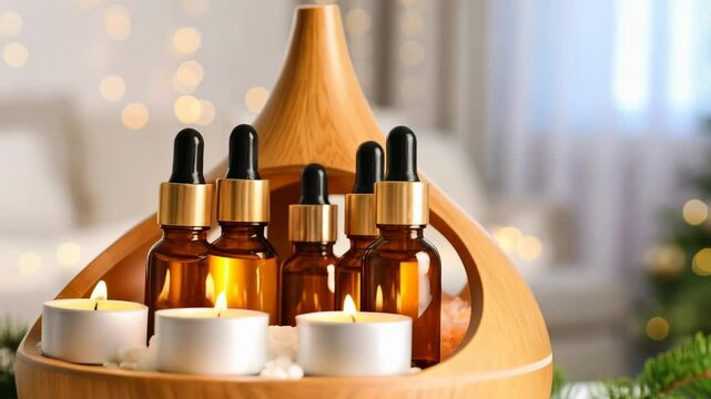 Aroma therapy oils and candles displayed in an aromatic diffuser with Christmas tree and holiday lights background