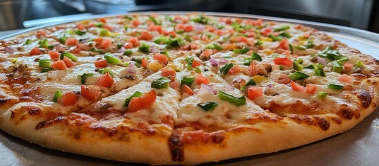 A delectable, loaded pizza with fresh vegetables and mozzarella cheese.