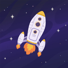 Cartoon spaceship in cosmos. Space travel by rocket. Starship for space adventures