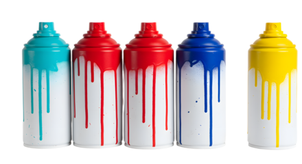 Colorful spray paint cans with dripping paint, arranged in a line against a transparent background, ideal for art projects