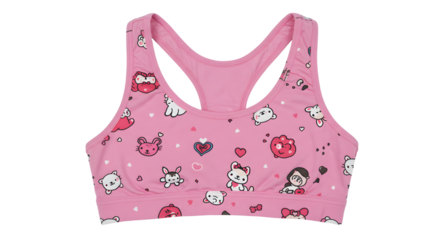 Cute pink sports bra featuring playful animal illustrations, ideal for active wear or casual use, with a vibrant background