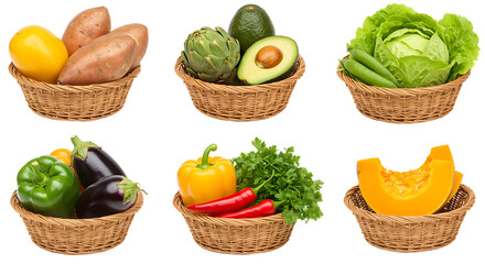 Fresh assortment of colorful vegetables in woven baskets, showcasing healthy eating options with a vibrant background