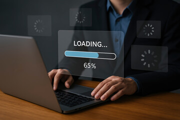Laptop Displaying Loading Progress Bar, System Update, Software Installation, and Digital Data Processing Concept
