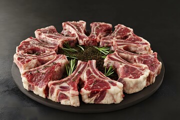 Fototapeta premium Raw Lamb Chops Seasoned with Herbs and Spices on a Dark Background