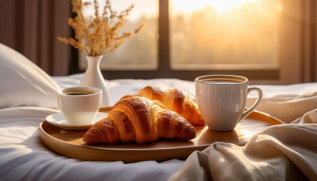 cozy breakfast in bed with coffee and flaky croissants