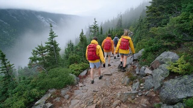 Exploring Mountain Trail: A group of hikers traverse a rocky trail, immersed in a misty mountain landscape, showcasing a spirit of adventure and the thrill of outdoor exploration.