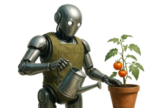 Robot watering tomato plant with watering can isolated on white background