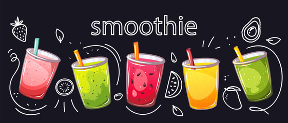 Fruit smoothies. Background with summer, refreshing drinks. Vector illustration.