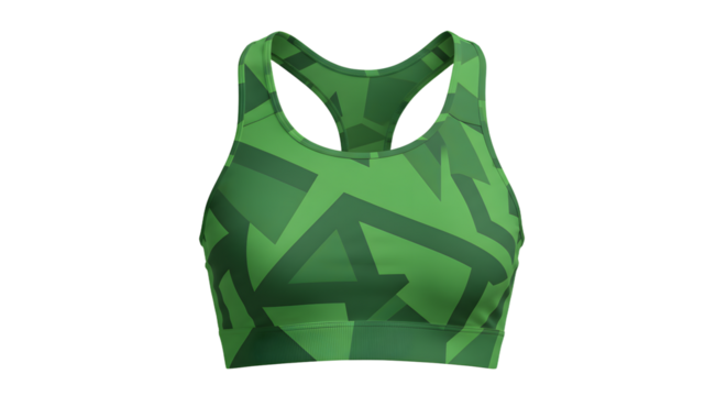 Green athletic sports bra featuring abstract geometric patterns, ideal for fitness and active lifestyle promotions
