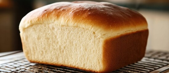 Freshly baked loaf of white bread on a cooling rack.