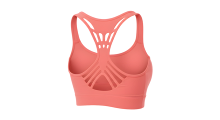 Stylish coral sports bra with unique back design, displayed against a neutral background, ideal for fitness and fashion use