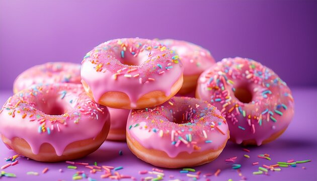 delicious pink donuts with sprinkles on a soft purple background