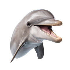 Fototapeta premium Playful Dolphin with Open Mouth Swimming in Clear Blue Sea Water Creating a Joyful Underwater Scene Transparent background or png