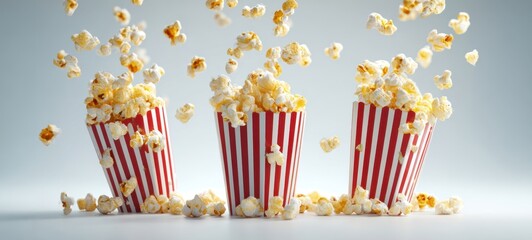The explosion of popcorn from classic striped containers in playful motion.