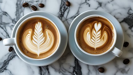 Two Latte Cups with Latte Art on Marble Surface
