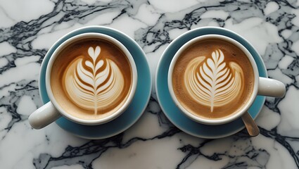 Two Latte Cups with Latte Art on Marble Surface