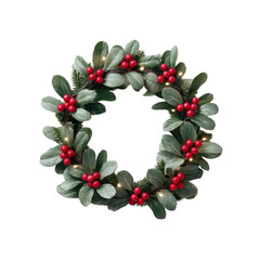 Festive Green Wreath with Red Berries and Decorative Lights for Holiday Home Decor and Seasonal Celebration Transparent background or png
